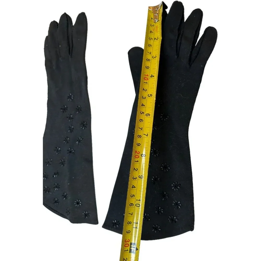 Vintage Crescendoe Black Cotton Gloves Beaded XS 6 1/2 Women's 1950s
